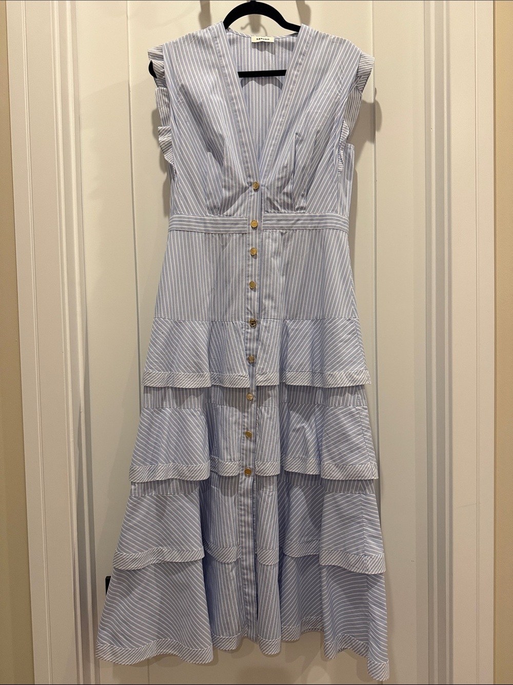 Sandro Light Blue and White Striped Tiered Maxi Dress
